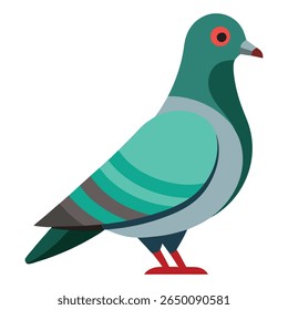 Ilustração colorida do vetor do pombo, Clipart do pássaro do estilo plano, Uma ilustração geométrica estilizada de um pombo com um corpo azul-petróleo, asas cinzentas, e olhos e pés vermelhos, ajustados contra um fundo branco limpo.