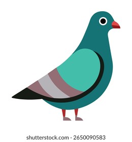 Ilustração colorida do vetor do pombo, Clipart do pássaro do estilo plano, Uma ilustração geométrica estilizada de um pombo com um corpo azul-petróleo, asas cinzentas, e olhos e pés vermelhos, ajustados contra um fundo branco limpo.