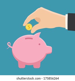 colorful piggy bank and hand with coin flat style vector illustration