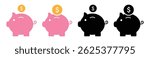 Colorful piggy bank icons in pink and black with gold and black dollar coins. Flat financial symbol for saving money, investment, banking, and economic planning illustrations. Piggy bank, icons.