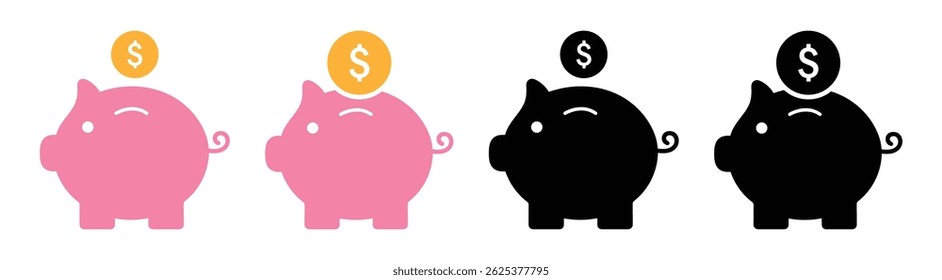 Ícones coloridos do mealheiro em rosa e preto com moedas de ouro e dólar preto. Símbolo financeiro plano para economizar dinheiro, investimento, bancos e ilustrações de planejamento econômico. Piggy bank, ícones.