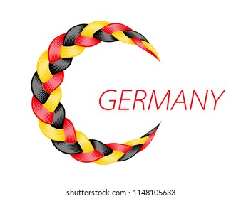 Colorful pigtail Germany flag. Beautiful hair curly wavy swirl. Color flow detailed wave isolated. Blue and purple lines plaited in pigtail. Vector illustration for print or web design.