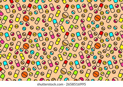 Colorful piils or medicines pattern background. Seamless pattern of medical icons. Piil icons illustration. Medicine icons illustration. Capsule piil icons illustration. Pharmacy symbols illustration.