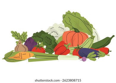 Colorful pile of fresh vegetables including pumpkin, eggplant, corn, lettuce, and tomatoes. Flat style illustration with a clean white background. Vector illustration
