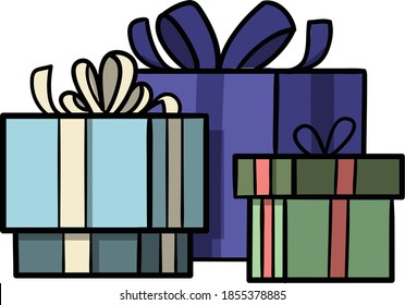 Colorful Pile of gift boxes or Christmas presents box with stripes tops and live patterns and knot bow ribbon color outline black and white clip art on transparent background