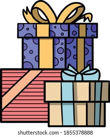 Colorful Pile of gift boxes or Christmas presents box with stripes tops and live patterns and knot bow ribbon color outline black and white clip art on transparent background