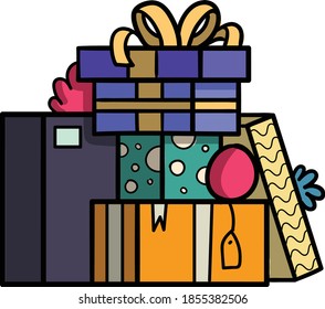 Colorful Pile of gift boxes or Christmas presents box with stripes tops and line patterns and knot bow ribbon outline  color clip art on transparent background