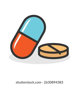 Pílula colorida e ícone do tablet ilustração de vetor de design plano isolada no plano de fundo transparente.