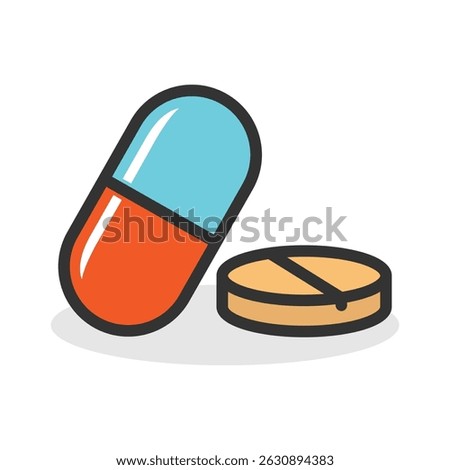 Colorful pill and tablet icon isolated flat design vector illustration on transparent background.