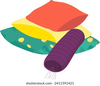 Colorful pillows and rolled yoga mat, home comfort and wellbeing accessories. Comfortable home relaxation and self-care essentials vector illustration.