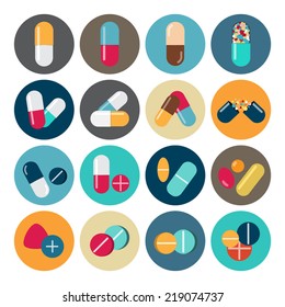 Colorful pills and capsules icon