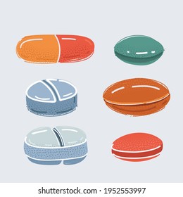 Colorful pills and capsules set. Concept of medicine, pharmacy drug prescription, vitamin solutions variety and personal health care. White isolated background cartoon vector illustration