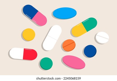 Colorful pills. Concept of medicine for patient, treatment, medication, health care, hospital, pharmacy. Colorful vector illustration