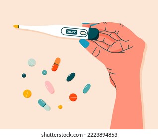 Colorful pills, drugs and thermometer in woman's hand. Female hand holding thermometer. Healthcare and medicine concept. Hand drawn modern flat vector illustration for web banner, card design.