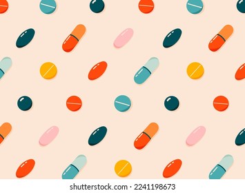 Pastillas coloridas, medicamentos, vitaminas sin costura. Salud, coronavirus y concepto de medicina. Ilustración vectorial moderna de mano para banner web, diseño de tarjeta. 