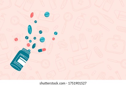 Colorful pills, drugs, vitamins spilling out of medicine jar or bottle on pastel background with hadnd drawn contour medical elements. Flat vector illustration in cartoon style.