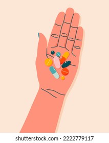 Pastillas coloridas, medicamentos, vitaminas en la mano de la mujer. Píldoras de mano para mujeres. El concepto de salud y medicina. Ilustración de vector plano dibujada a mano para banner web, diseño de tarjeta.