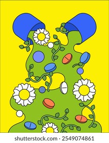 Farbige Pillen, Blumen und grüne Reben auf hellgelbem Hintergrund in Cartoon bunte Retro-Vintage handgezeichnete Vektorgrafik