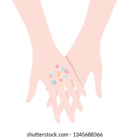 Colorful pills in hands. Vector illustration in flat hand drawn style.