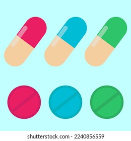 Colorful pills and medications set in different shapes, isolated on white background. Pill and medicine capsule icons. Flat style vector illustration.