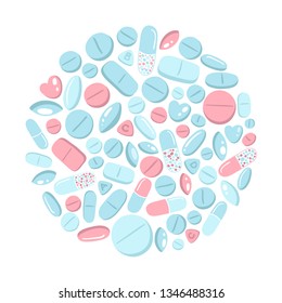 Colorful pills in the shape of a circle. Vector illustration in flat hand drawn style.