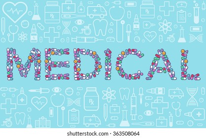 Colorful pills tablets capsules background. 