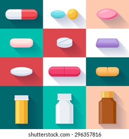 Colorful pills tablets capsules and bottles icons set. Flat style. Medicine health care symbols vector illustration.