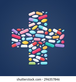 Colorful pills tablets capsules icons in cross shape vector background. Medicine health care symbols.