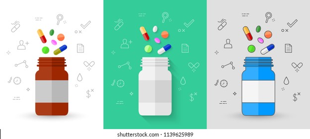 Píldoras, comprimidos y cápsulas de color con frasco de píldora e iconos relacionados de la línea de medicación. Ilustración vectorial definida en un estilo y un diseño diferentes.