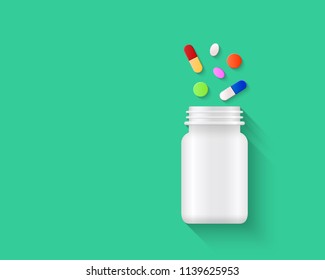 Colorful pills, tablets and capsules spilling out of blank white pill bottle on green background. Pharmaceutical medicine and medical treatment concept. Realistic vector illustration.