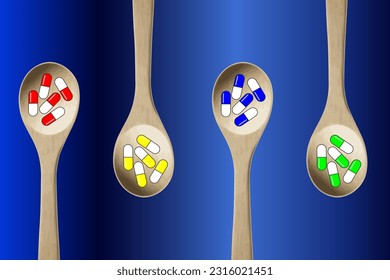 Colorful pills-capsules of medicines, vitamins or supplements in wooden kitchen spoons on blue background. Concept of medicine and health