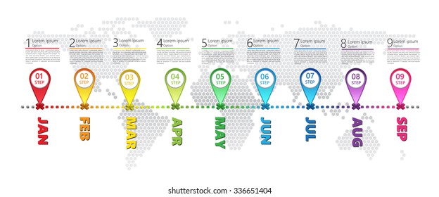 Colorful Pin Maps With Number and Information Text on Dotted World Map Background, 9 Options, Timeline/Workflow/Element Layout Design, Vector Illustration