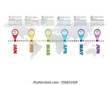 Colorful Pin Maps With Number and Information Text on Dotted World Map Background, 6 Options, Timeline/Workflow/Element Layout Design, Vector Illustration