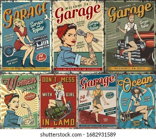 Colorful pin up posters collection with garage repair service nautical and military covers with beautiful girls in vintage style vector illustration