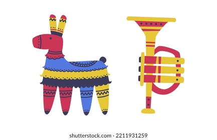 Pinata colorida y juego de trompetas. Dibujo vectorial de símbolos tradicionales mexicanos