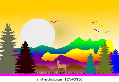 Colorful pine forest landscape pop art style design illustration vector