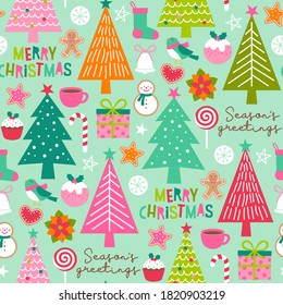 Colorful pine tree and christmas elements seamless pattern.