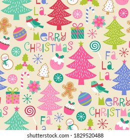 Colorful pine tree and christmas elements seamless pattern.