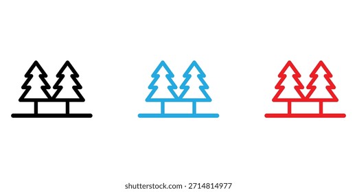 Iconos coloridos del árbol de pino en negro, azul y rojo sobre fondo blanco