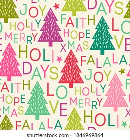 Colorful pine tree and typography design seamless pattern.