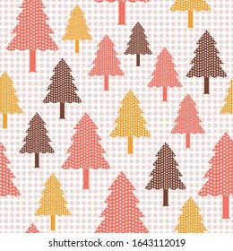 Colorful pine trees festive seamless pattern on 
dotted background for wallpaper, wrapping and textile. Yellow and pink color modern seamless pattern.