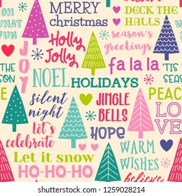 Colorful pine trees and fun typography  seamless pattern background