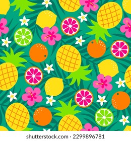 Colorful pineapple, citrus fruit, palm leaf and flower seamless pattern for summer holidays background.