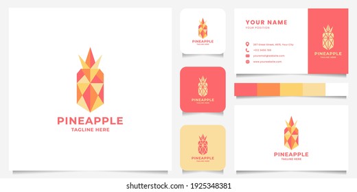 Colorful pineapple geometric flat design logo with business card, icon, and color palette