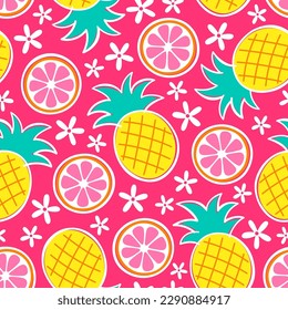 Colorful pineapple, grapefruit and flower seamless pattern for summer holidays background.