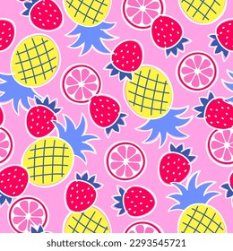 Colorful pineapple, grapefruit and strawberry seamless pattern for summer holidays background.