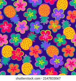 Colorful pineapple and hibiscus flower seamless pattern for summer holidays background.