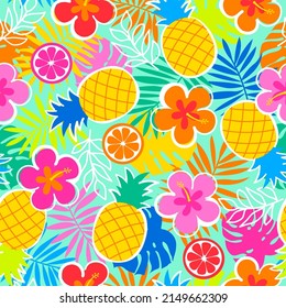 Colorful pineapple, hibiscus and tropical leaf seamless pattern for summer holidays background.