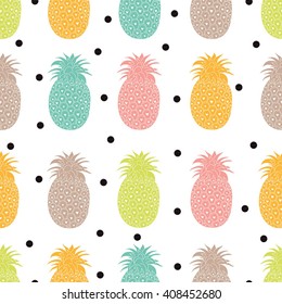 Colorful pineapple and polka dot seamless pattern background.