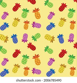 Colorful pineapple seamless pattern on yellow background. Vector illustration 